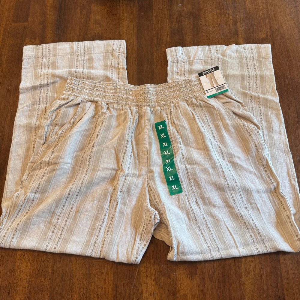 Briggs Womens XL Tan Linen Blend Striped Embroidered Wide Leg Smocked Pants NEW - Picture 3 of 7